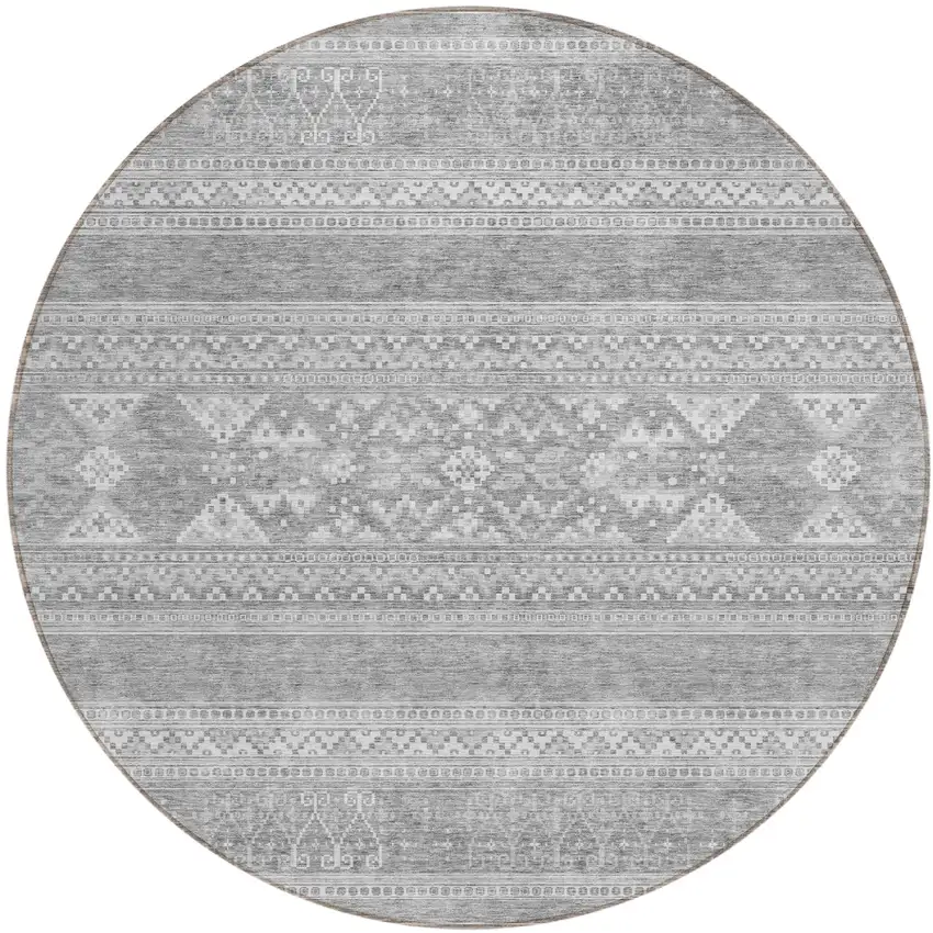 8' Silver Gray And Ivory Round Southwestern Washable Indoor Outdoor Area Rug Photo 1