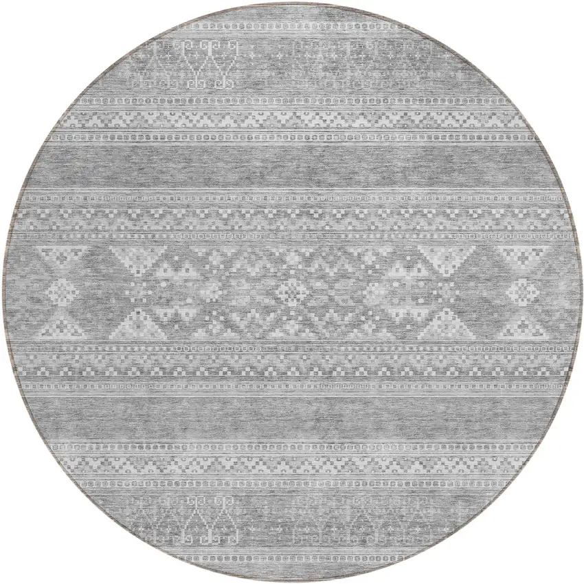 8' Silver Gray And Ivory Round Southwestern Washable Indoor Outdoor Area Rug Photo 1