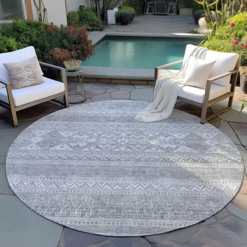 8' Silver Gray And Ivory Round Southwestern Washable Indoor Outdoor Area Rug Photo 6