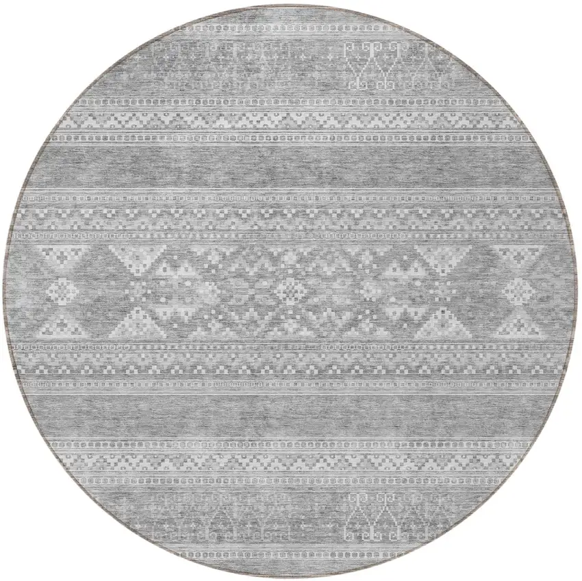 8' Silver Gray And Ivory Round Southwestern Washable Indoor Outdoor Area Rug Photo 5
