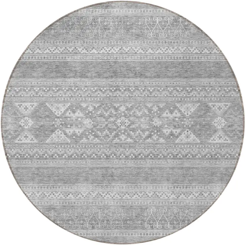 8' Silver Gray And Ivory Round Southwestern Washable Indoor Outdoor Area Rug Photo 5