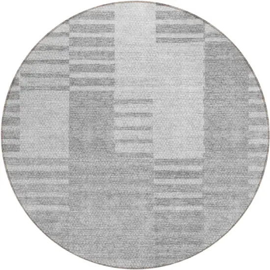 8' Silver Gray And Ivory Round Striped Washable Indoor Outdoor Area Rug Photo 2