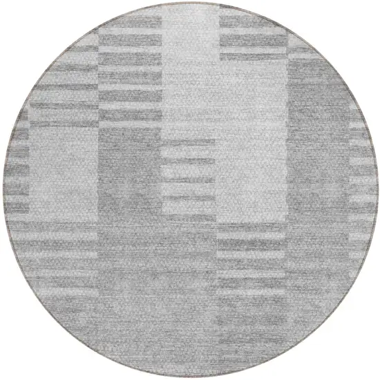 8' Silver Gray And Ivory Round Striped Washable Indoor Outdoor Area Rug Photo 2