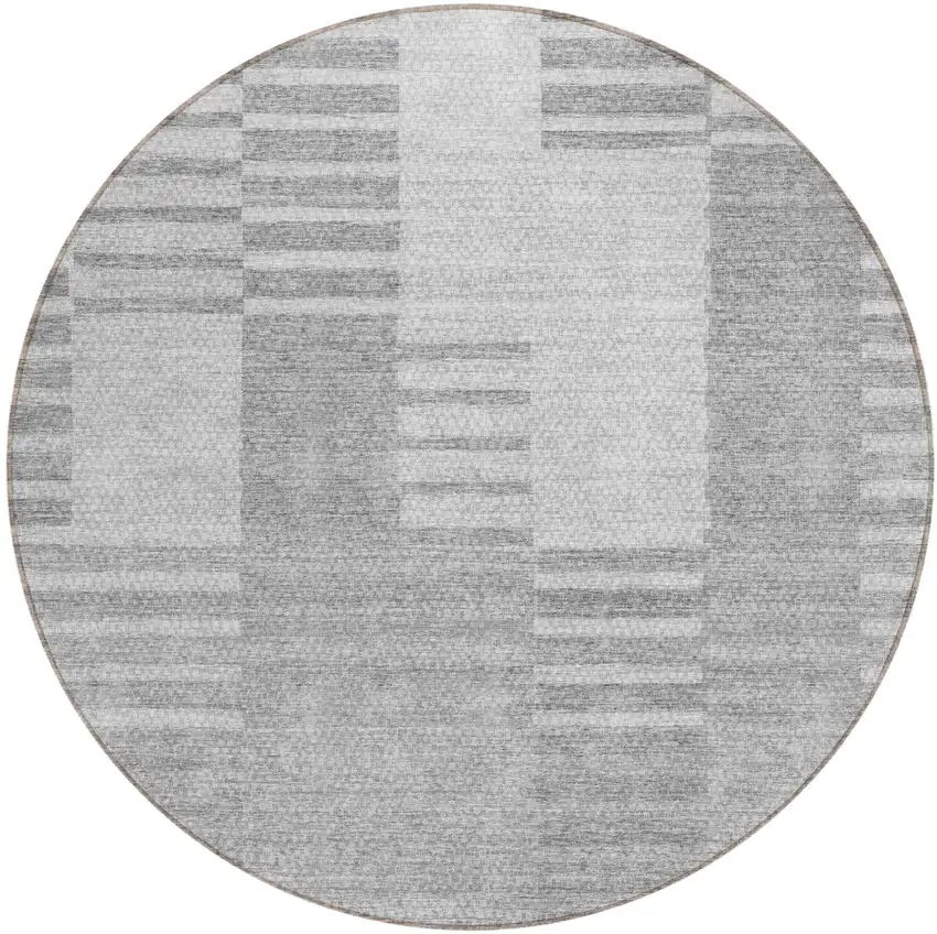8' Silver Gray And Ivory Round Striped Washable Indoor Outdoor Area Rug Photo 2