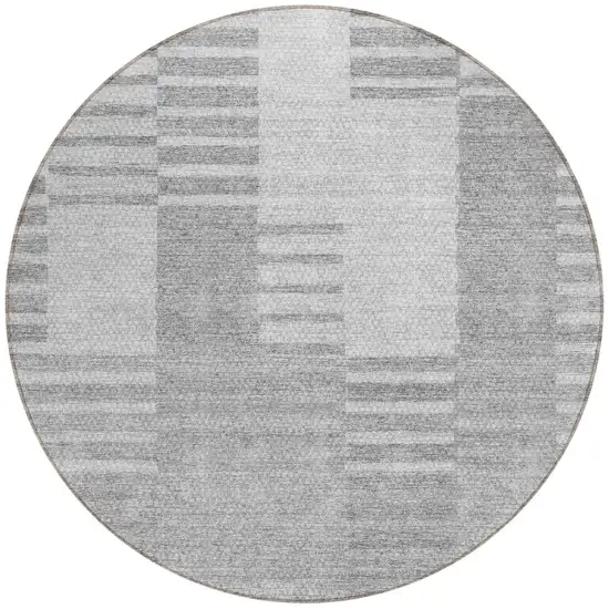 8' Silver Gray And Ivory Round Striped Washable Indoor Outdoor Area Rug Photo 5