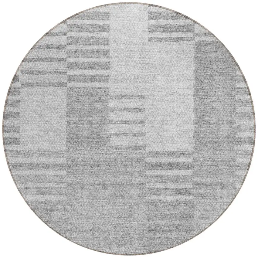 8' Silver Gray And Ivory Round Striped Washable Indoor Outdoor Area Rug Photo 5