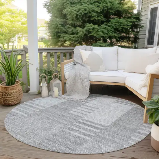 8' Silver Gray And Ivory Round Striped Washable Indoor Outdoor Area Rug Photo 6
