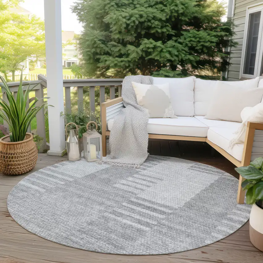 8' Silver Gray And Ivory Round Striped Washable Indoor Outdoor Area Rug Photo 6
