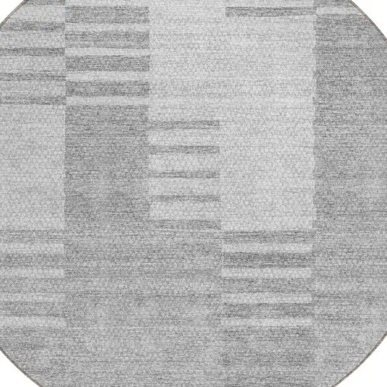 8' Silver Gray And Ivory Round Striped Washable Indoor Outdoor Area Rug Photo 4