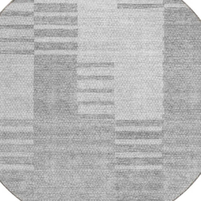 8' Silver Gray And Ivory Round Striped Washable Indoor Outdoor Area Rug Photo 4