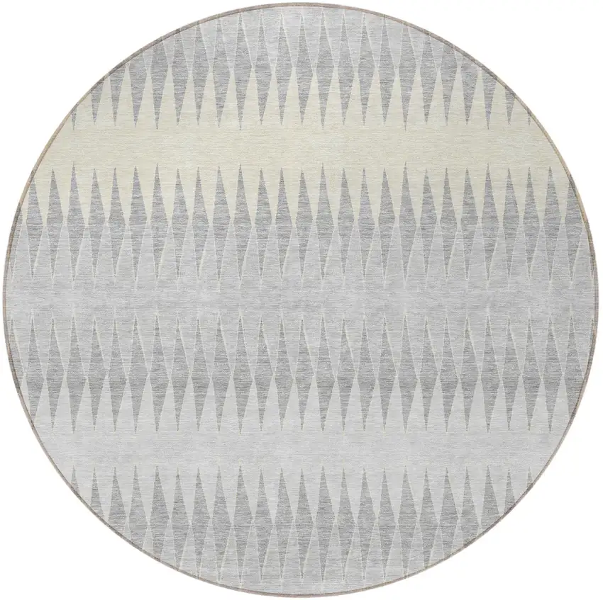 8' Silver Gray And Ivory Round Striped Washable Indoor Outdoor Area Rug Photo 5
