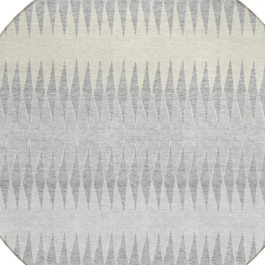 8' Silver Gray And Ivory Round Striped Washable Indoor Outdoor Area Rug Photo 4