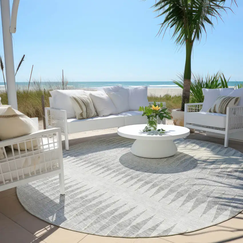 8' Silver Gray And Ivory Round Striped Washable Indoor Outdoor Area Rug Photo 6