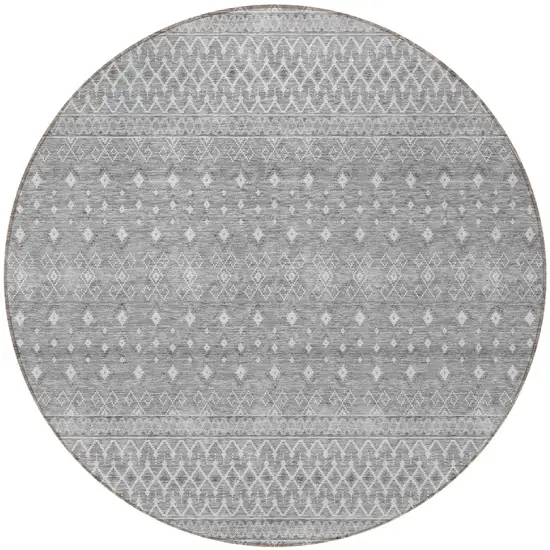 8' Silver Gray And Ivory Round Tribal Washable Indoor Outdoor Area Rug Photo 5