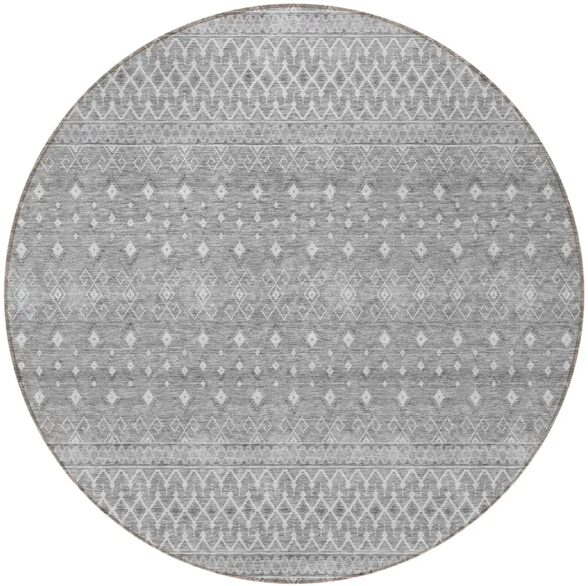 8' Silver Gray And Ivory Round Tribal Washable Indoor Outdoor Area Rug Photo 5