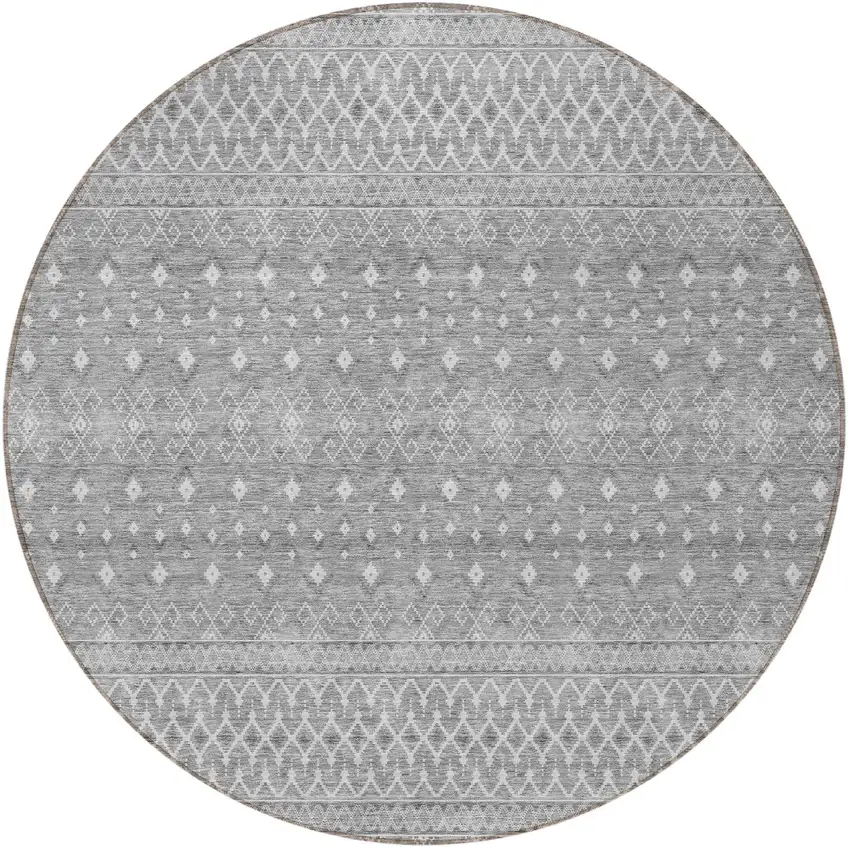 8' Silver Gray And Ivory Round Tribal Washable Indoor Outdoor Area Rug Photo 5