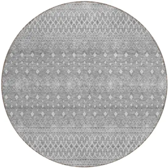8' Silver Gray And Ivory Round Tribal Washable Indoor Outdoor Area Rug Photo 1