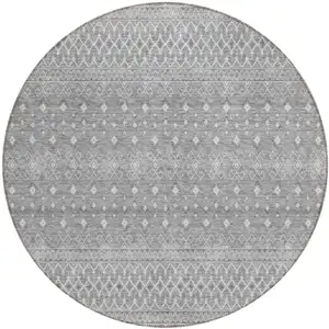 Photo of 8' Silver Gray And Ivory Round Tribal Washable Indoor Outdoor Area Rug