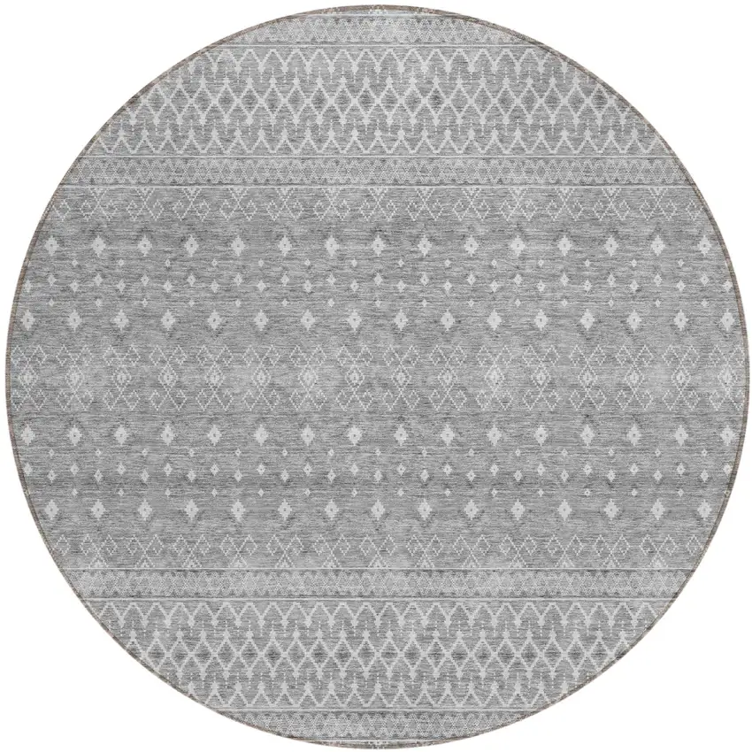 8' Silver Gray And Ivory Round Tribal Washable Indoor Outdoor Area Rug Photo 1
