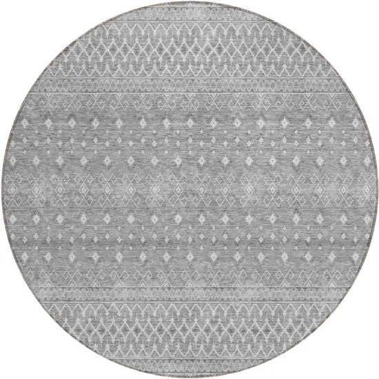 8' Silver Gray And Ivory Round Tribal Washable Indoor Outdoor Area Rug Photo 1