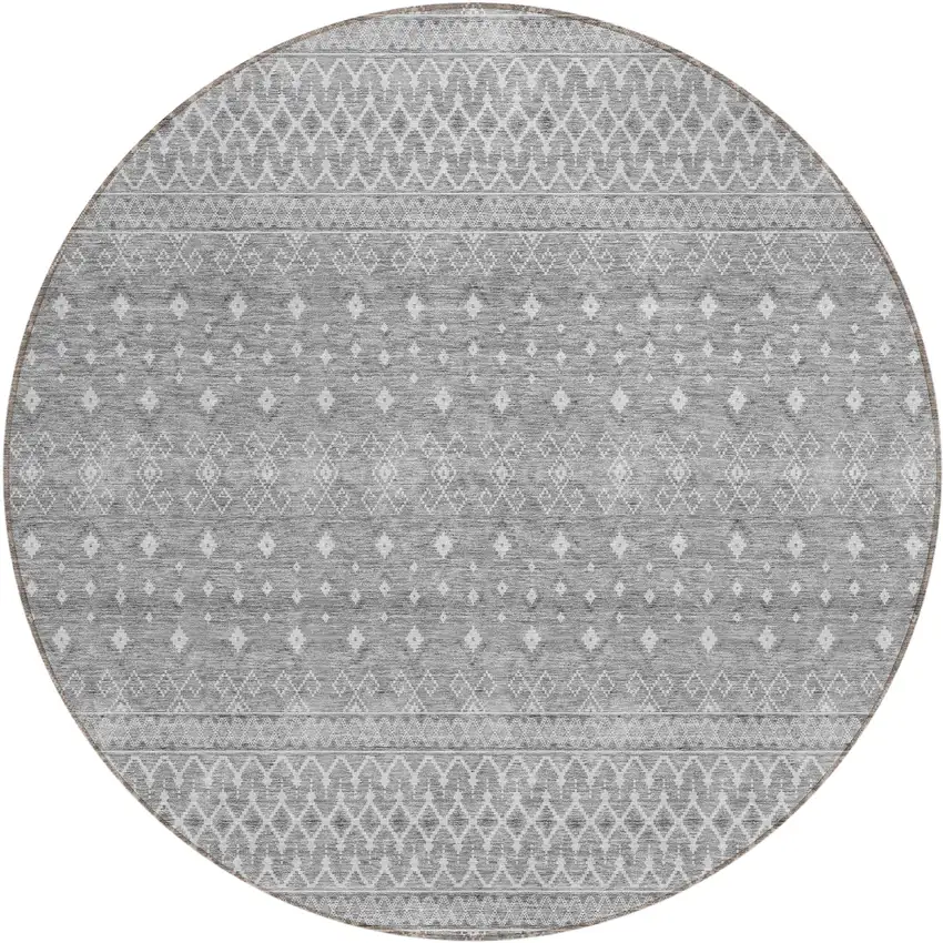 8' Silver Gray And Ivory Round Tribal Washable Indoor Outdoor Area Rug Photo 1