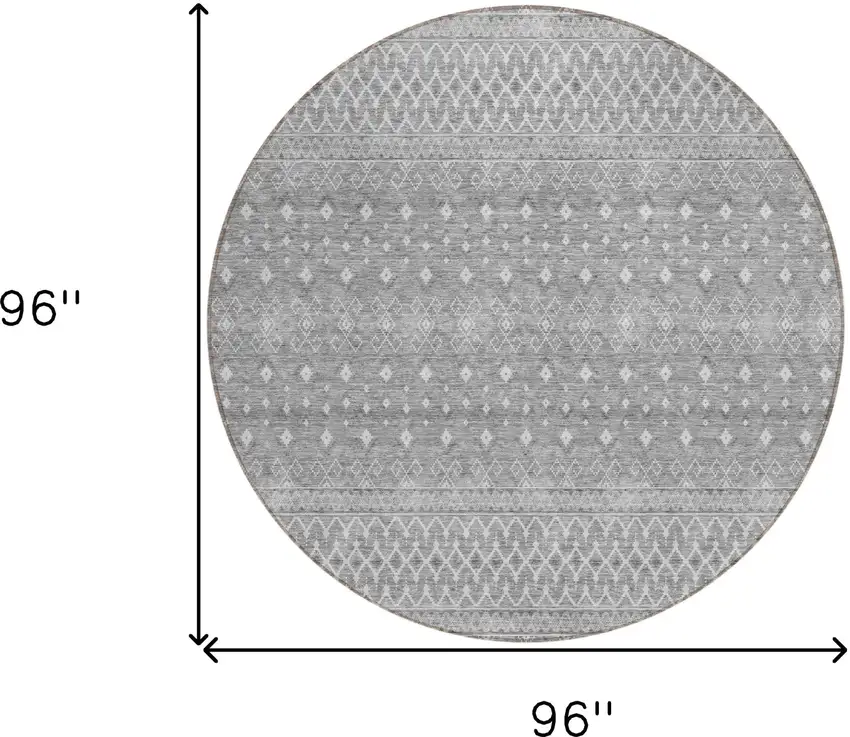 8' Silver Gray And Ivory Round Tribal Washable Indoor Outdoor Area Rug Photo 8