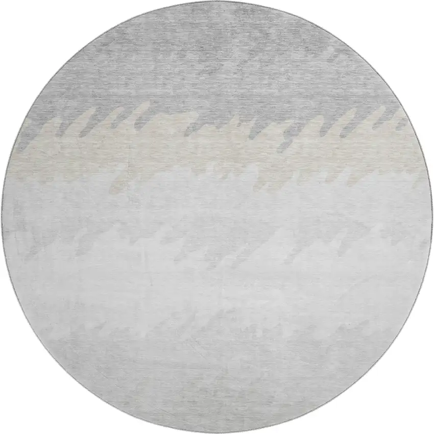 8' Silver Gray And Ivory Striped Washable Round Rug With UV Protection Photo 1