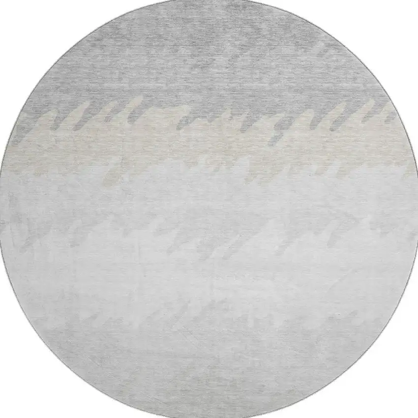 8' Silver Gray And Ivory Striped Washable Round Rug With UV Protection Photo 3
