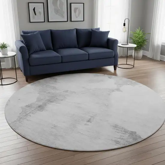 8' Silver Gray And Pewter Abstract Washable Round Rug With UV Protection Photo 2