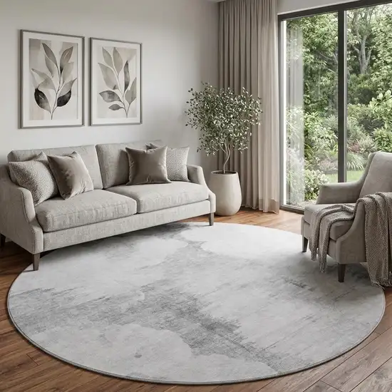 8' Silver Gray And Pewter Abstract Washable Round Rug With UV Protection Photo 1