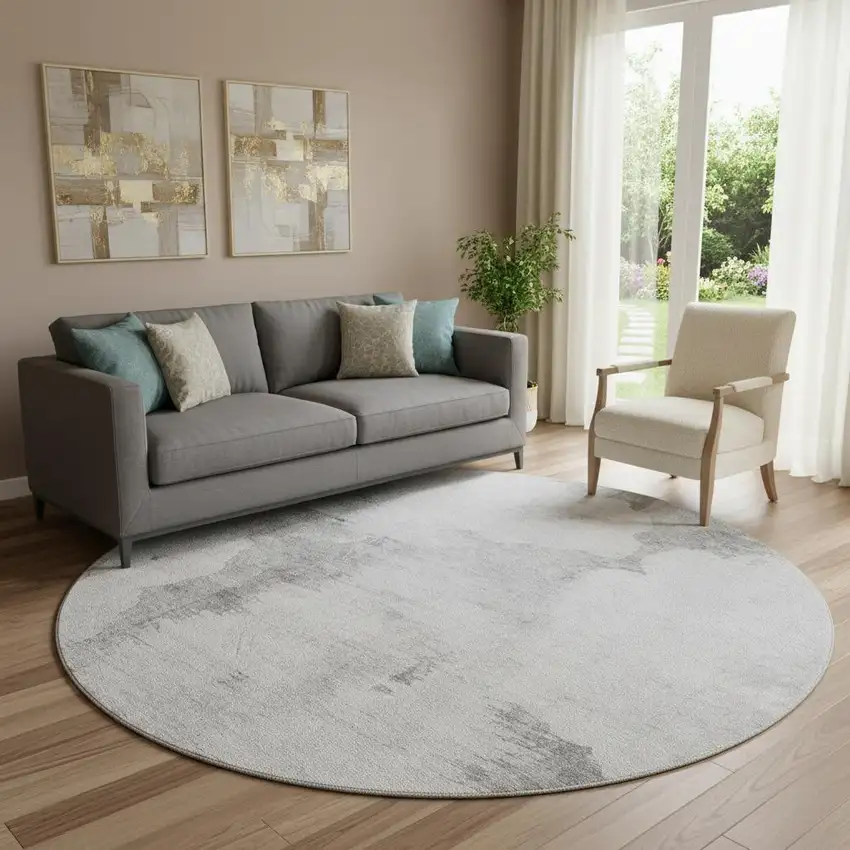 8' Silver Gray And Pewter Abstract Washable Round Rug With UV Protection Photo 1