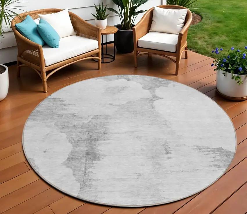 8' Silver Gray And Pewter Round Abstract Washable Indoor Outdoor Area Rug Photo 1