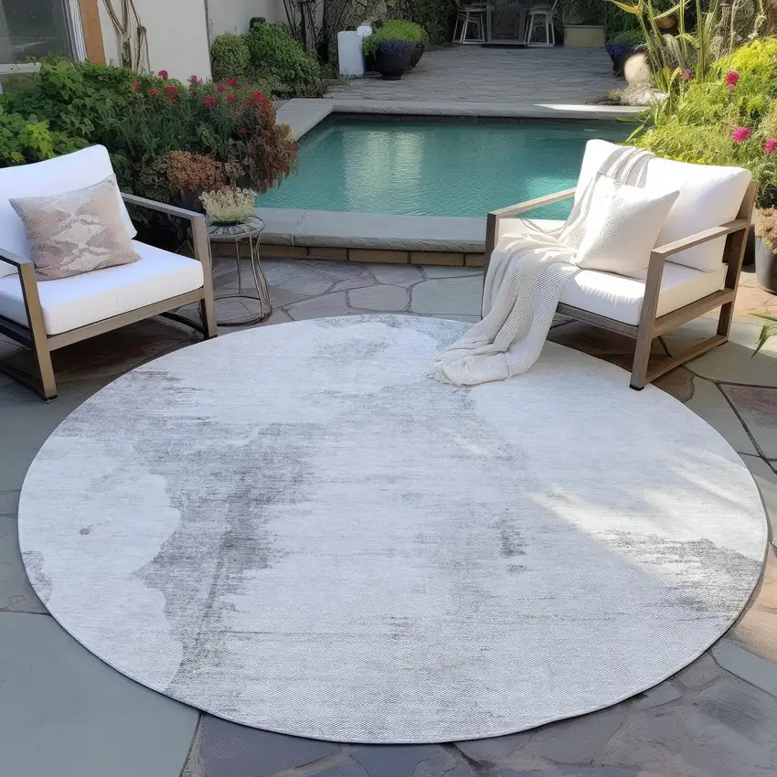8' Silver Gray And Pewter Round Abstract Washable Indoor Outdoor Area Rug Photo 5