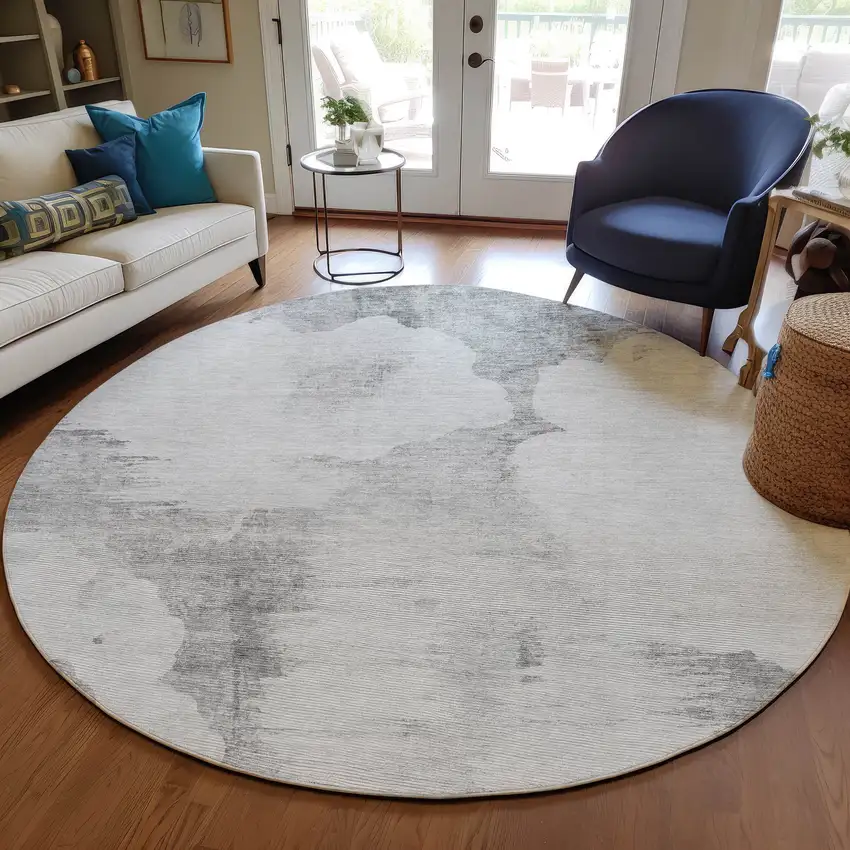 8' Silver Gray And Pewter Round Abstract Washable Indoor Outdoor Area Rug Photo 6