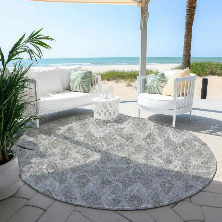 8' Silver Gray And Pewter Round Geometric Washable Indoor Outdoor Area Rug Photo 5