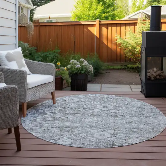 8' Silver Gray And Pewter Round Oriental Washable Indoor Outdoor Area Rug Photo 6