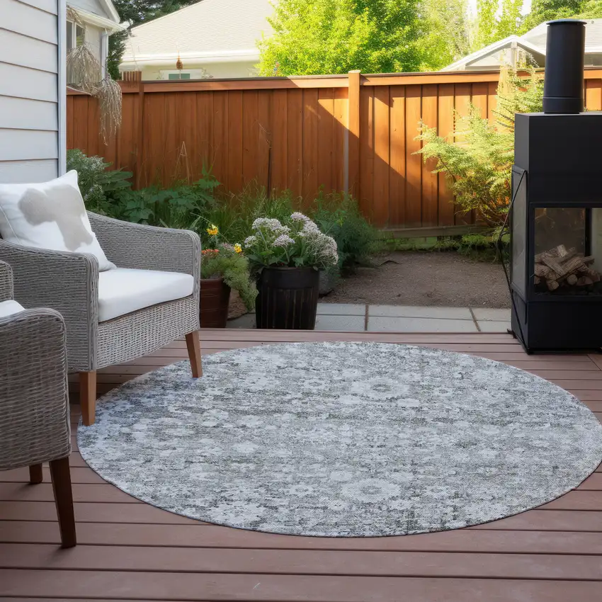 8' Silver Gray And Pewter Round Oriental Washable Indoor Outdoor Area Rug Photo 6