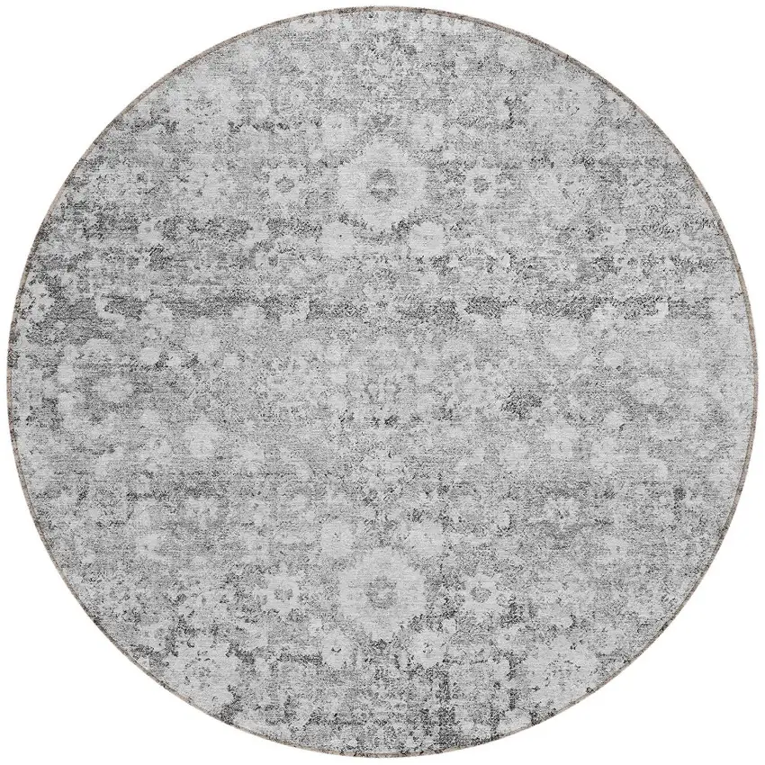 8' Silver Gray And Pewter Round Oriental Washable Indoor Outdoor Area Rug Photo 4