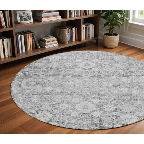 8' Silver Gray And Pewter Round Oriental Washable Indoor Outdoor Area Rug Photo 3