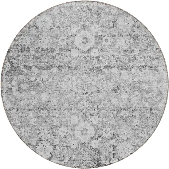 8' Silver Gray And Pewter Round Oriental Washable Indoor Outdoor Area Rug Photo 1