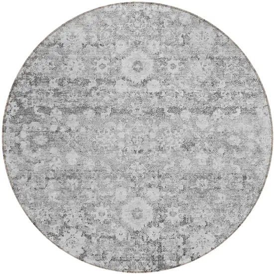 8' Silver Gray And Pewter Round Oriental Washable Indoor Outdoor Area Rug Photo 1