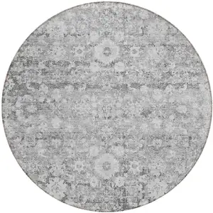 Photo of 8' Silver Gray And Pewter Round Oriental Washable Indoor Outdoor Area Rug