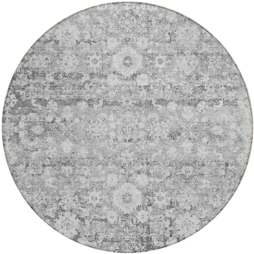 8' Silver Gray And Pewter Round Oriental Washable Indoor Outdoor Area Rug Photo 1