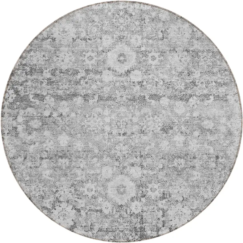 8' Silver Gray And Pewter Round Oriental Washable Indoor Outdoor Area Rug Photo 1