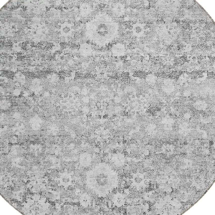 8' Silver Gray And Pewter Round Oriental Washable Indoor Outdoor Area Rug Photo 5