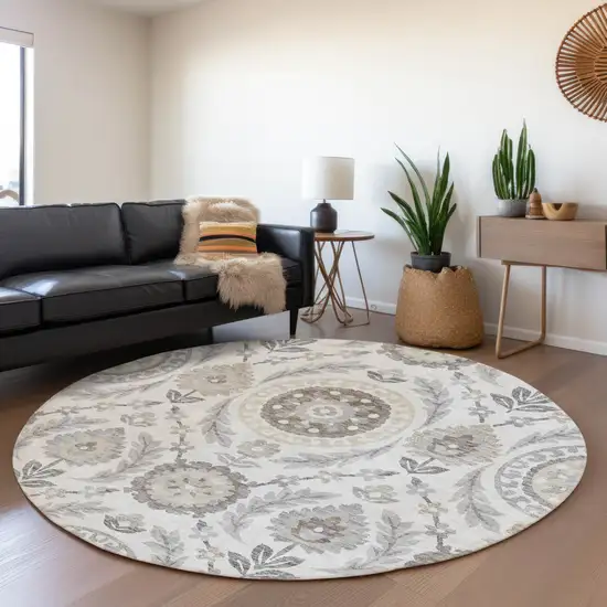8' Silver Gray And Taupe Round Floral Washable Indoor Outdoor Area Rug Photo 6