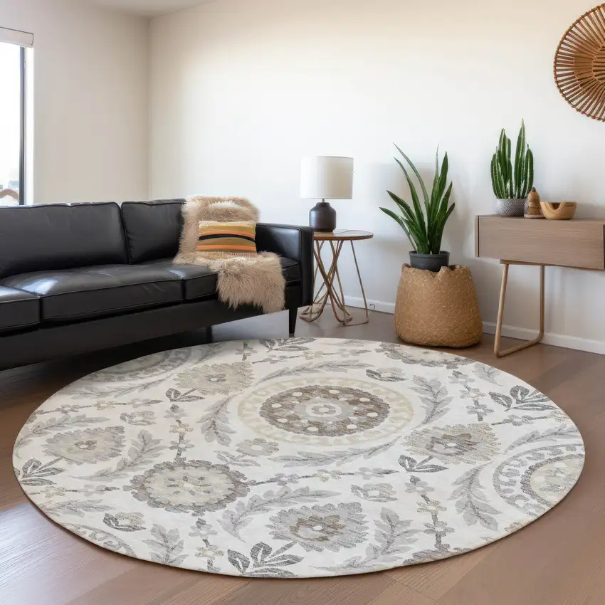 8' Silver Gray And Taupe Round Floral Washable Indoor Outdoor Area Rug Photo 6