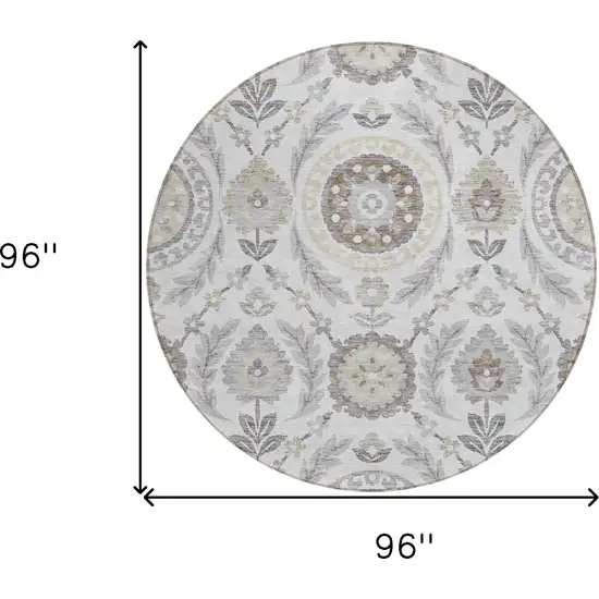 8' Silver Gray And Taupe Round Floral Washable Indoor Outdoor Area Rug Photo 7