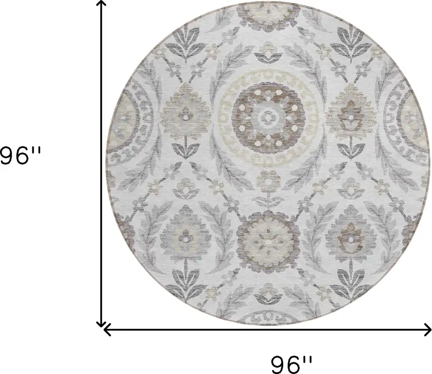 8' Silver Gray And Taupe Round Floral Washable Indoor Outdoor Area Rug Photo 7
