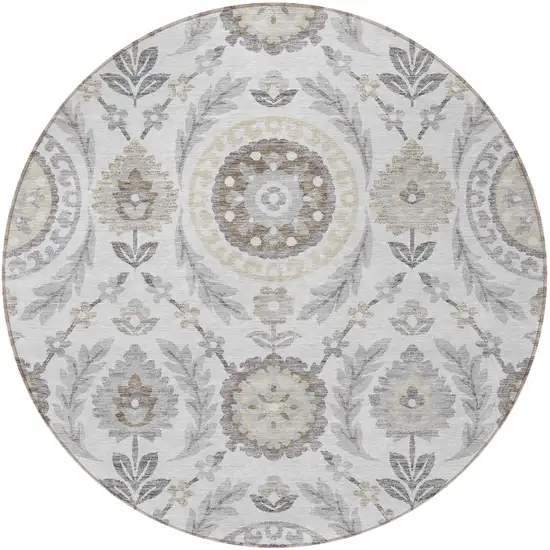 8' Silver Gray And Taupe Round Floral Washable Indoor Outdoor Area Rug Photo 4